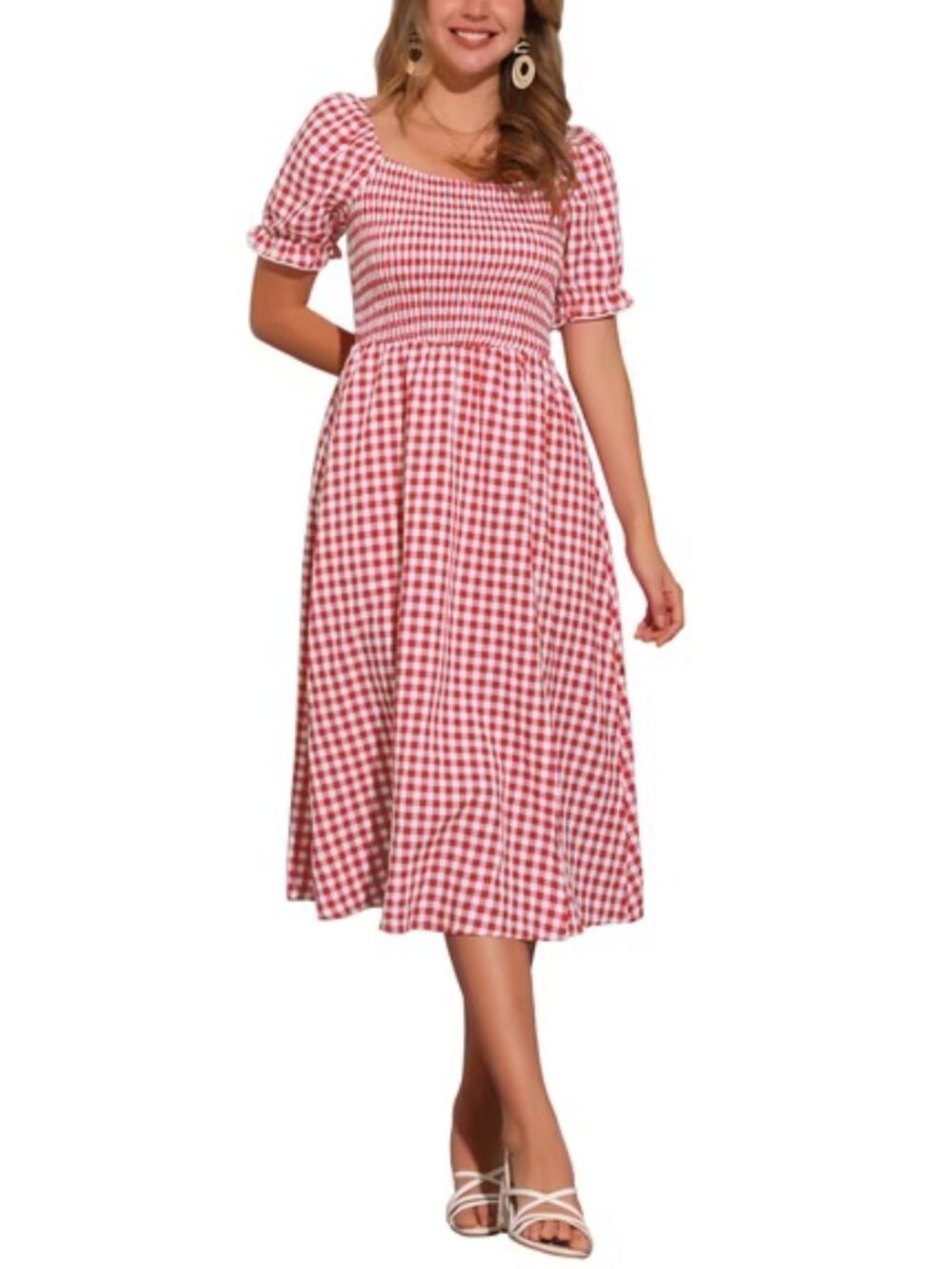 🍓 NWT INSPIRE CHIC Red Gingham Smocked Midi Dress L